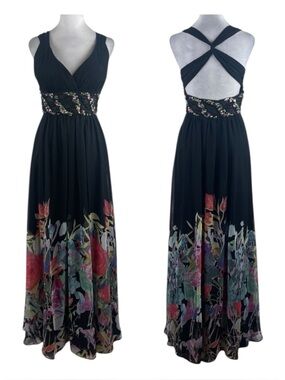 La Femme Black Maxi Dress with Floral Hem and Crisscross Straps